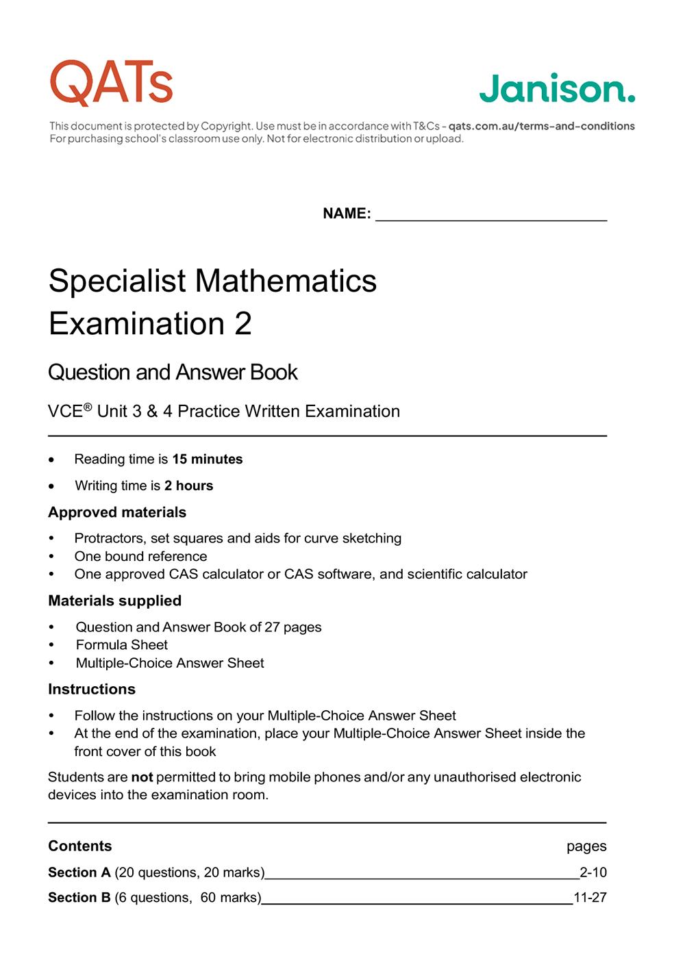 specialist mathematics exam